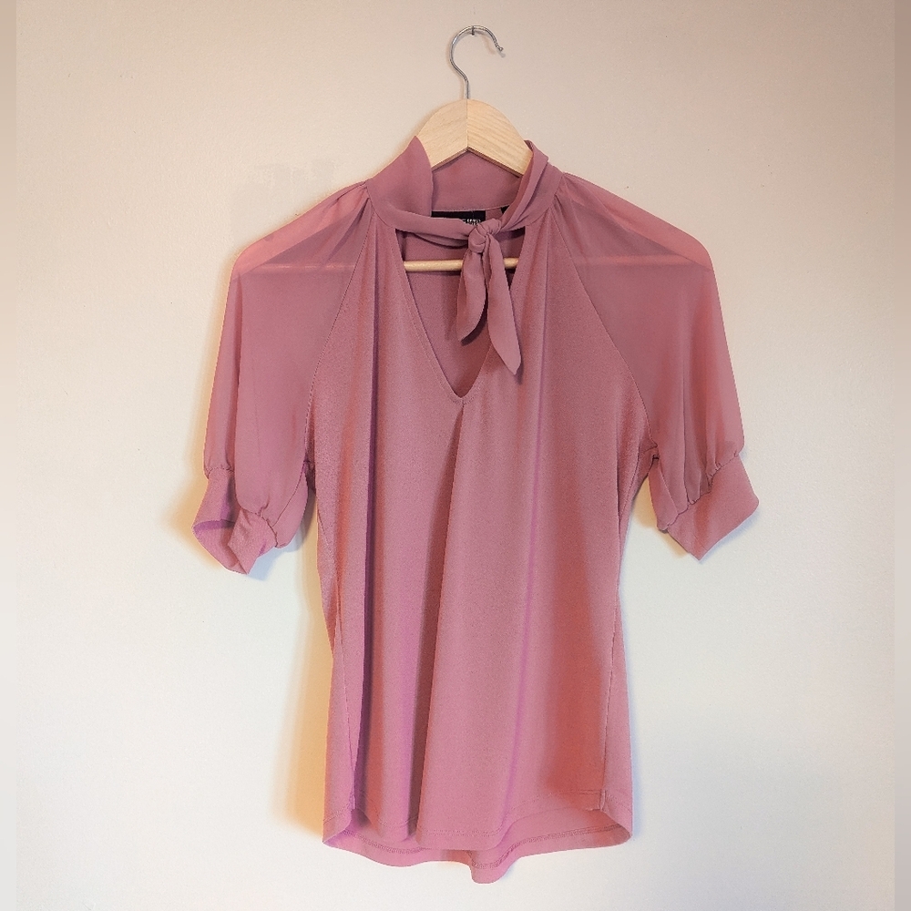 New York & Company 7th Avenue Mauve Pink Tie-Neck Blouse Sheer Sleeves V-Neck